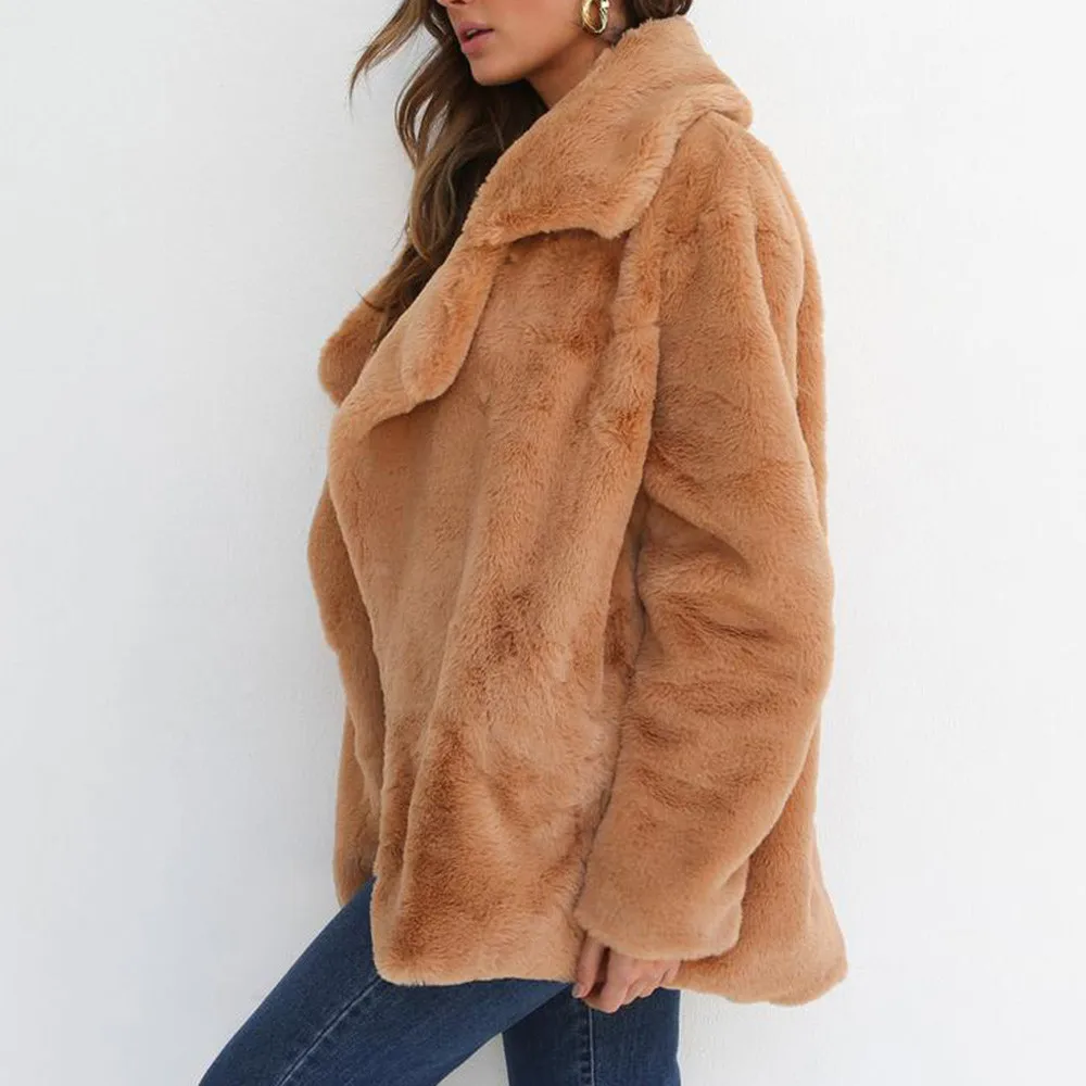 CHAMSGEND, Женское зимнее пальто, сохраняющее тепло, верхняя одежда, свободный большой воротник, шуба, высокое качество, одноцветное пальто с длинным рукавом, пальто из искусственного меха No8