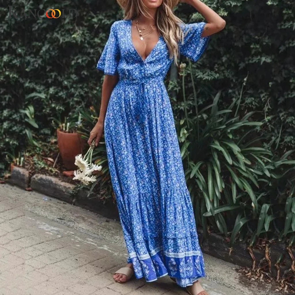 

KANCOOLD dress Fashion Women Deep V-Neck Short Sleeve Print Dress summer Tassel Buttons Vintage Maxi new dress women 2019Mar26