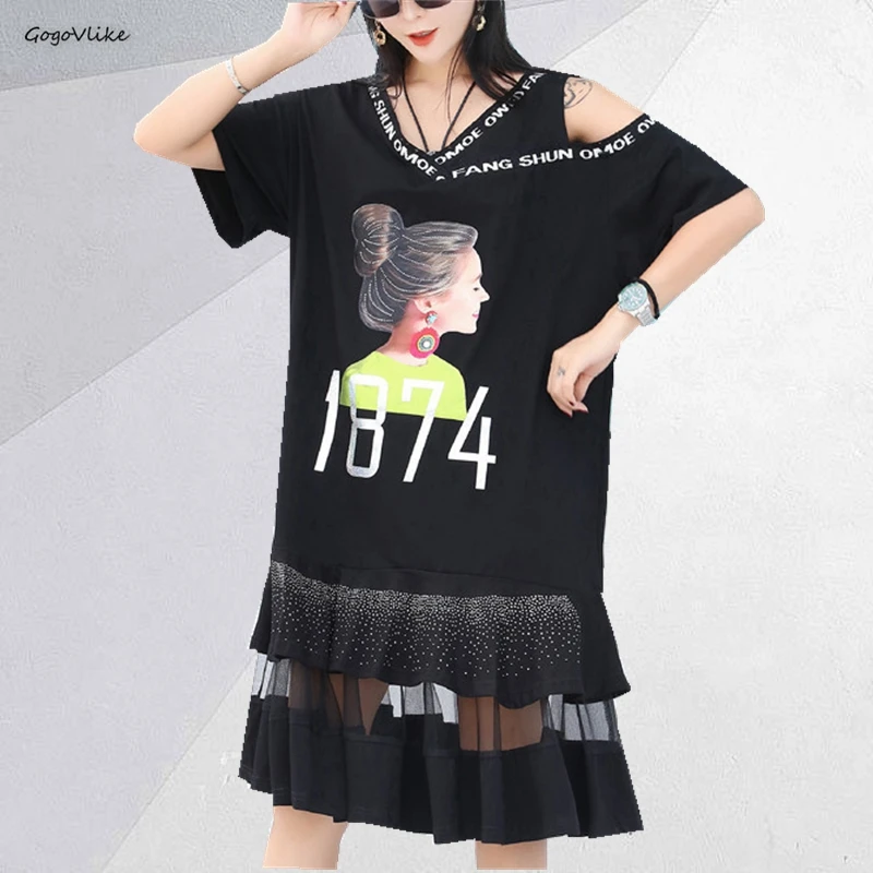 

Vestidos Ruffles Beading 2019 Summer Dresses Women Black Loose Mesh Spliced Dress Cute Cartoon Patchwork Dress V Neck LT189S50