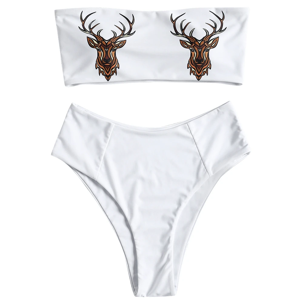 Bathing Suit Swimsuit Strapless Deer Head Print High Waist Women Bikini