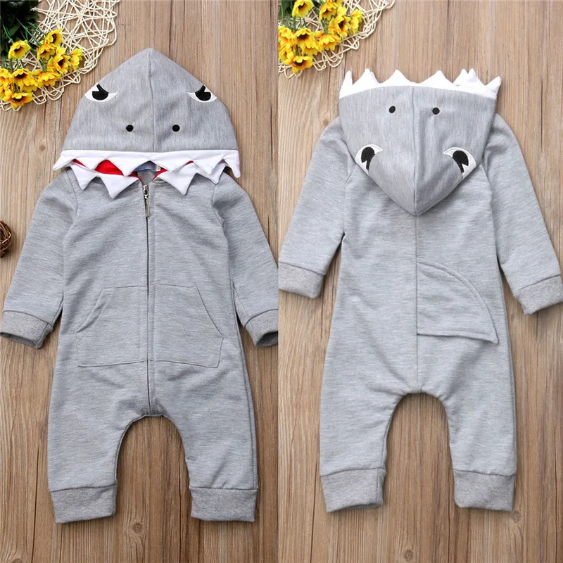 Для маленьких мальчиков одежда Горячая Симпатичные 1 шт 3D Акула серый комбинезон с капюшоном комбинезон костюм для мальчика Одежда для маленьких девочек детская одежда