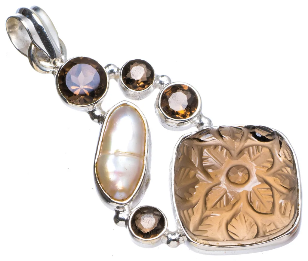 

Natural Smoky Quartz andBiwa Pearl Handmade Unique 925 Sterling Silver Pendant 1.75" X0964