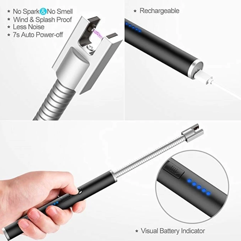 Longer Flexible Plasma Arc Lighter LED Battery Display USB Electric Lighter Kitchen Candle Lighter