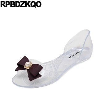 

Pvc Slip On Pearl Women Sandals Flat Summer 2018 Wide Fit Beach Open Toe Bow Transparent Bowtie Kawaii Shoes Jelly Plastic Cute