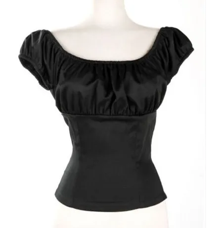 Wanita Baru Tiba Vintage Desain Tops Online Off Bahu Mengacak-acak kemeja Rendah Kembali Petani S-7XL Plus Ukuran Hitam Putih Seksi Blouse