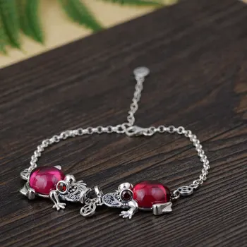 

FNJ Frog Charm Bracelet 925 Silver Yellow Chalcedony Red Zircon Stone 18.5cm +4cm Link Chain S925 Silver Bracelets for Women