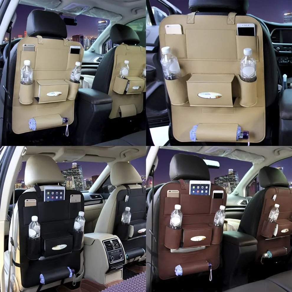 

Leather Car Seat Back Organizer Tidy Multifunctional Vehicle Organizer Bag Travel Kid Storage Bag Cup Paper Extraction Holder