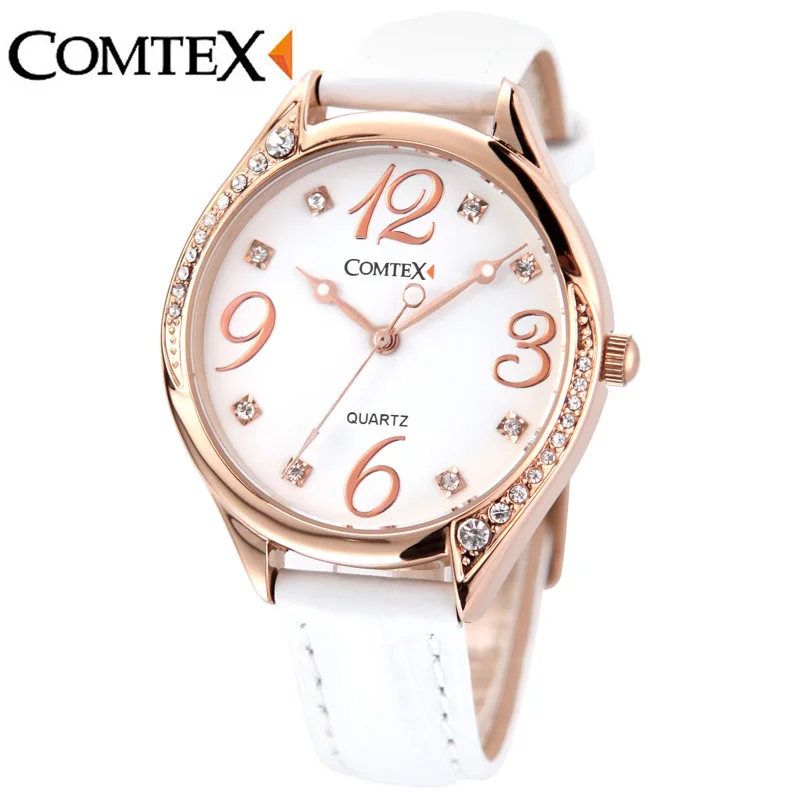 Comtex White Leather Band Stainless Still Case New Fashion Analogue Display Ladies Watch Waterproof Quartz Watch
