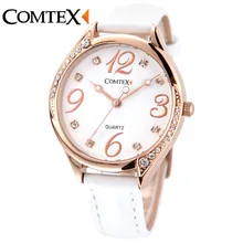 Comtex White Leather Band Stainless Still Case New Fashion Analogue Display Ladies Watch Waterproof Quartz Watch