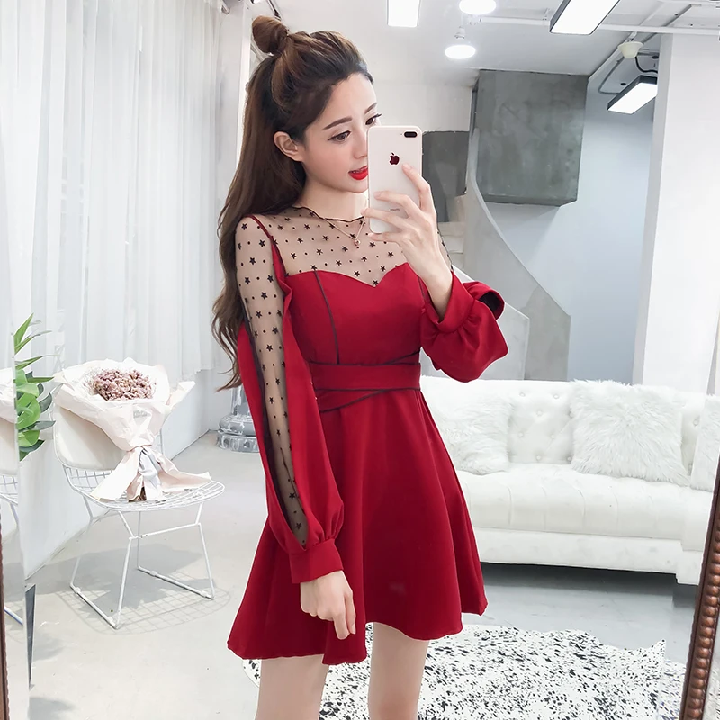 

Spring Summer Dress Women Clothes 2019 Korean Vintage Dress Elegant Women's Dresses Mesh Lace Beach Party Dress Vestidos ZT2417