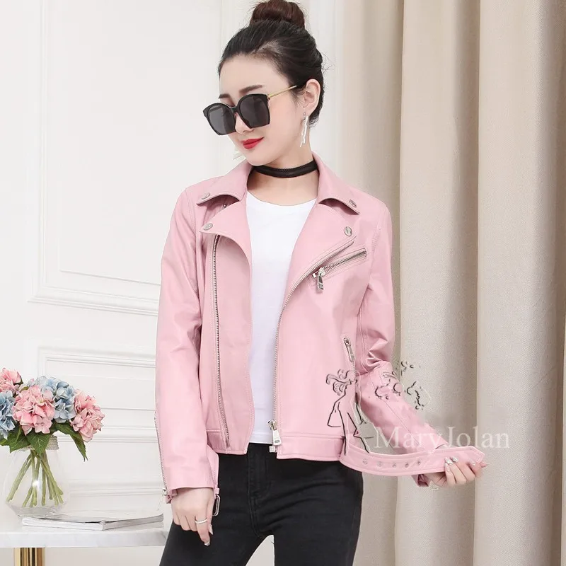 Mince Ceinture Veste En Rose Cuir De Courte Outwear Maryjolan Ol Poche Complet Solide Manches Véritable Manteau Femme Élégante 5HAqnnv