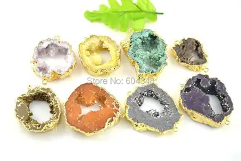 

10PCS Geode Quartz Connector Beads Mxed Color, Crystal Drusy Gem stone Pendant, Gold Color Connector Findings