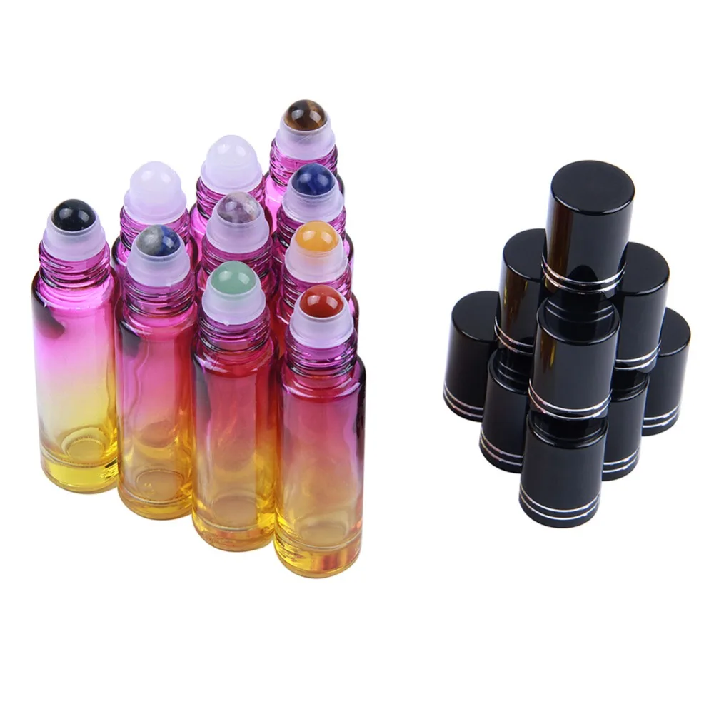 10pcs Natural Gemstones Roll On Perfume Bottles Refillable Color Glass Essential Oil Roller Bottles 10ml Portable Black Caps photo