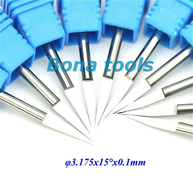 

10 pcs/lot 15 Degree 0.1mm V Shape Carbide Engraving Flat Bottom CNC Cutting Tool Bits Wood Machine Milling Cutter Shank 3.175mm