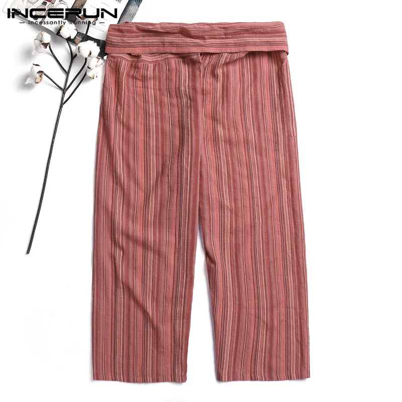 INCERUN тайские штаны для рыбалки мужские полосатые хлопковые свободные карманы широкие брюки для йоги повседневные Ретро Джоггеры мужские брюки летние S-5XL