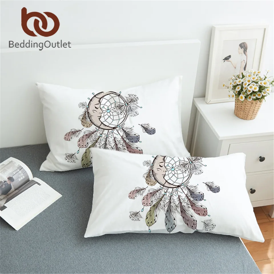 BeddingOutlet Moon Dreamcatcher Pillowcase Feathers Pillow Case White
