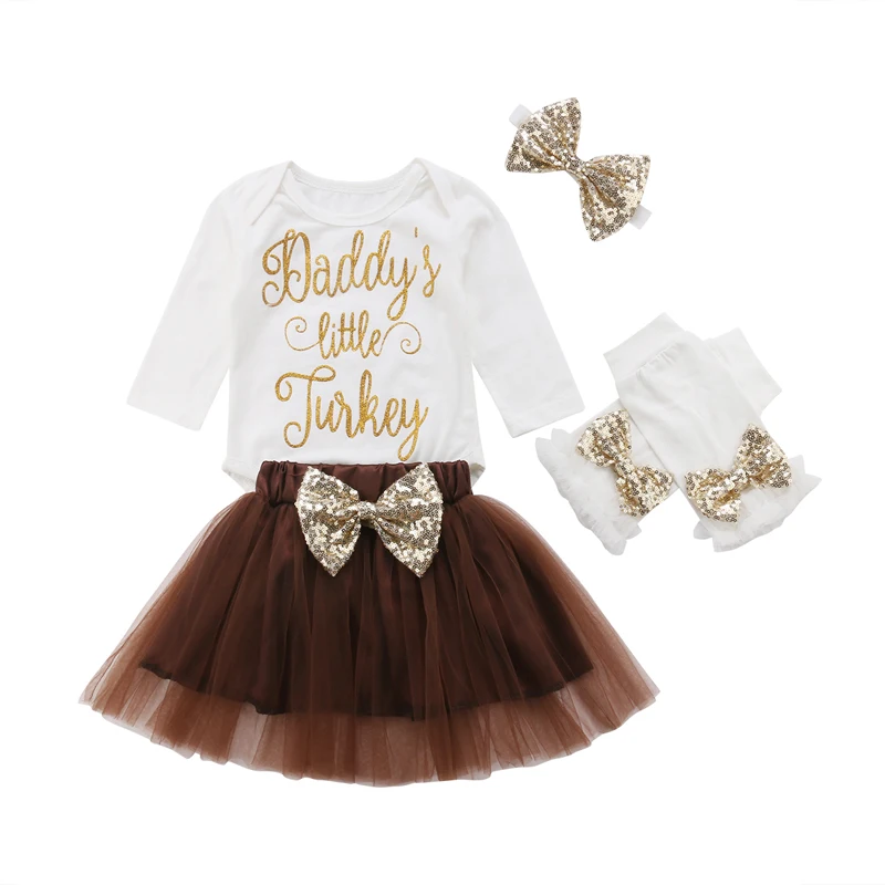 

FOCUSNORM 4PCS Set Baby Girl Clothes Set Long Sleeve Romper 1st Thanksgiving Tutu Skirts Outfits Clothes