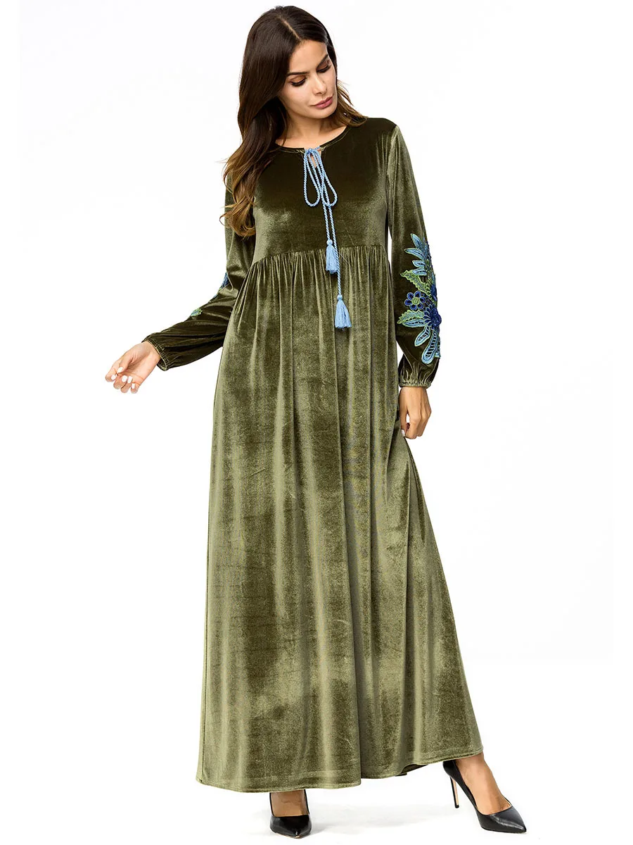 Платье макси с круглым вырезом платье-кафтан с длинным рукавом мусульманское Костюмы бархат Дубай Абаи джилбаба Dubia Стиль Для женщин Леди