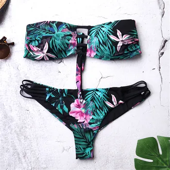 Strapless Bikini Push Up Swimsuits Busty Biquini Swimwear Women Flora Bikini Set Beachwear Off Shoulder Bathing Suit black off the shoulder strappy bikini set