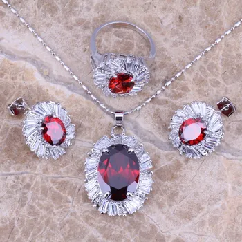 

Elegant Red Garnet White CZ Silver Plated Jewelry Sets Earrings Pendant Ring Size 5 / 6 / 8 / 9 / 10 S0088