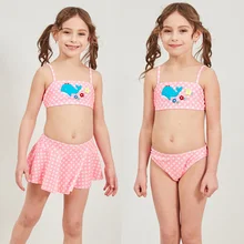 Купальник для девочки в горошек от 2 до 12 лет, детская одежда для плавания с героями мультфильмов, 3 предмета, детское платье для плавания, комплект бикини, купальный костюм для маленьких девочек