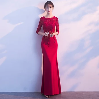 

Elegant Appliques Lace Mermaid Long Evening gown Dress Simple bugundy prom dress wedding Party Dresses Robe De Soiree Longue