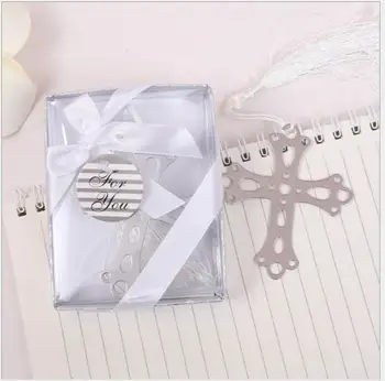 

50 PCS Sliver Boxed Cross Hollow Bookmark White Tassel For Baby Baptism Holy Communion Shower Graduation Wedding Favours
