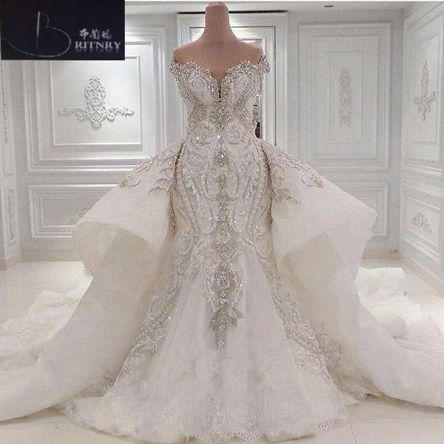 Luxury Wedding Dress 2018 Off The Shoulder Ivory Embroidery Beaded