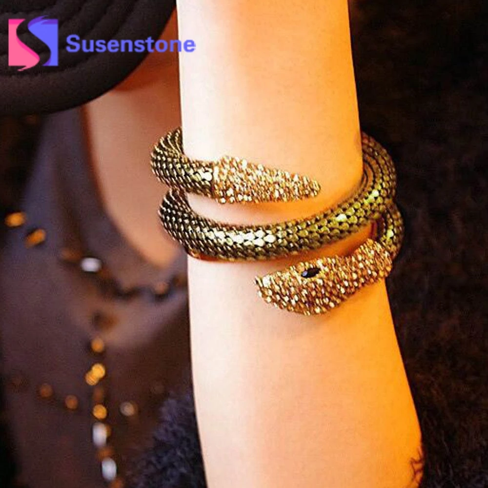 

Unique Design Adjustable Cuff Bangles Women Vintage Retro Punk Rhinestone Curved Stretch Snake Cuff Wristband Bracelet Jewelry