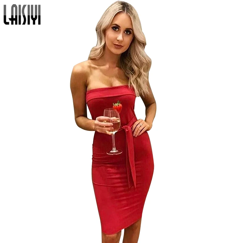 Laisiyi Sexy клуб без бретелек Bodycon платье черный, белый цвет без рукавов с плеча Элегантный Платья для женщин леди осень Vestido красный ASDR20397