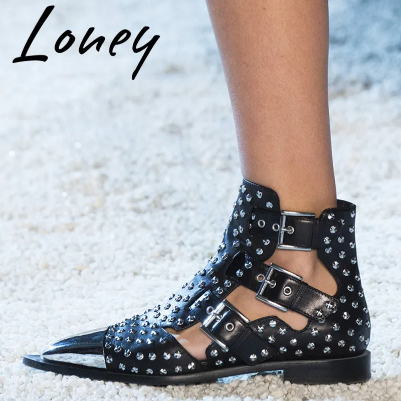 

Loney New Genuine Leather Metal Studded Summer Sandals Sexy Pointed Toe Cutout Sandal Boots Sandals Shoes Women