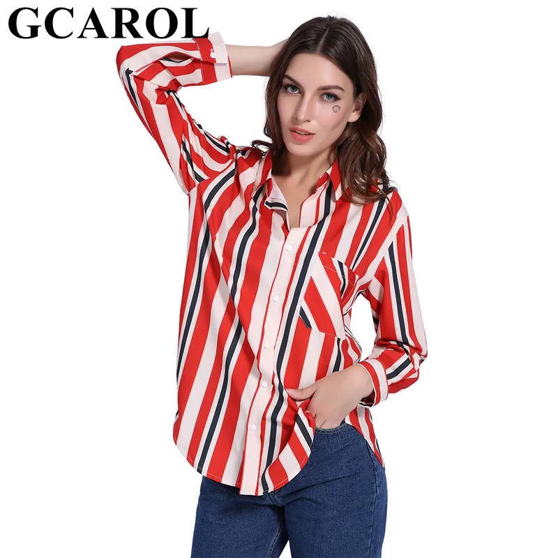 Koop GCAROL 2018 Nieuwe Vrouwen Rode Kleurrijke Gestreepte Blouse Volledige Mouw Vintage OL Shirt Met Pocket Asymmetrische Lengte Tops Voor Dames