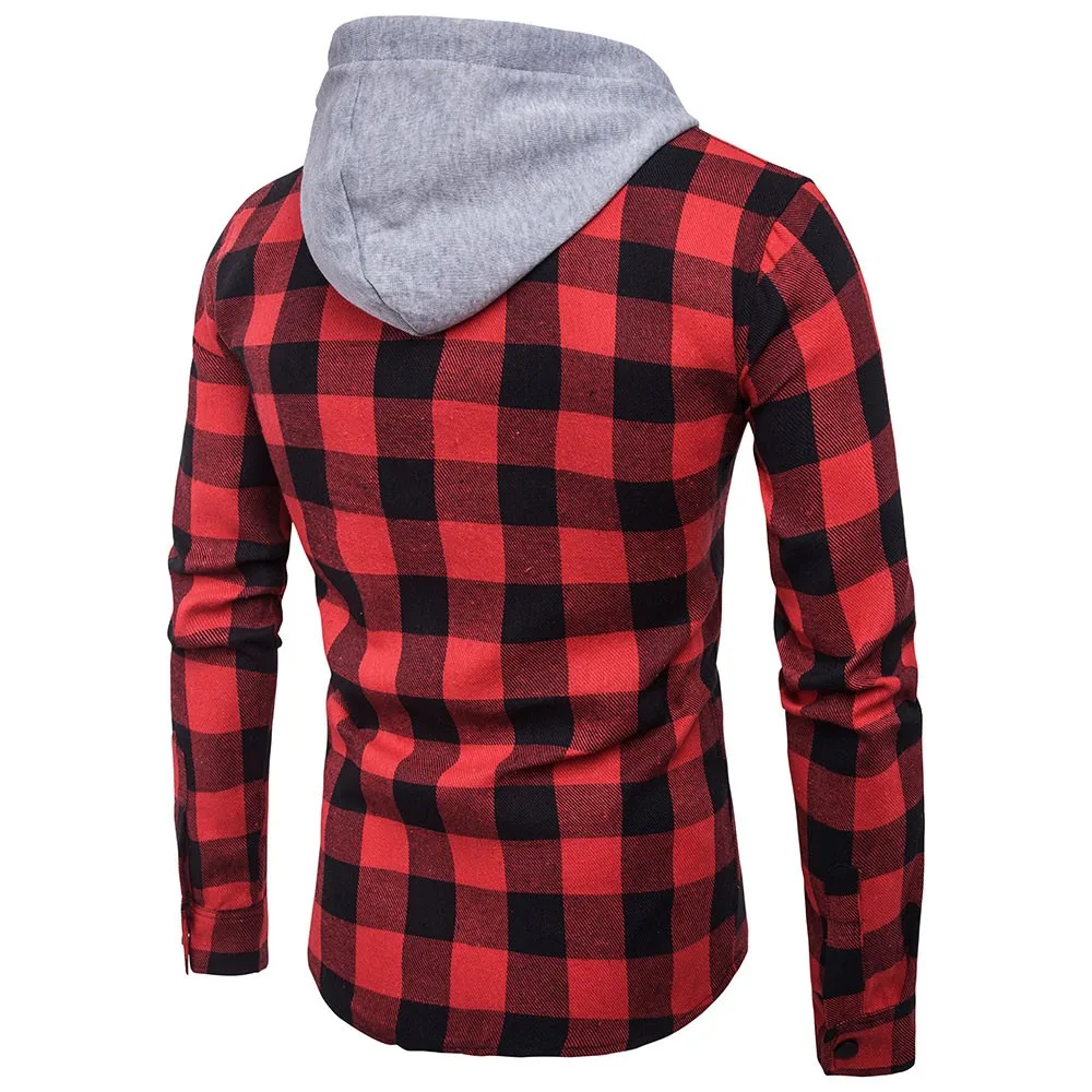 FREE OSTRICH hoodies Tracksuit Men's Autumn Casual Plaid Shirts Long Sleeve Pullover Shirt Top Hooded Blouse Sportswear