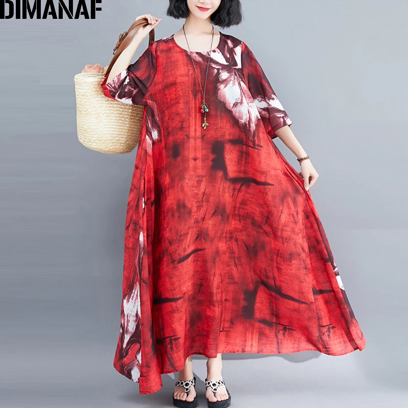 

DIMANAF Plus Size Women Dress Vintage Big Size Cotton Female Vestidos A-Line Summer Sundress Loose Print Lady Elegant Long Dress