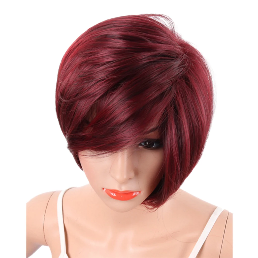

14" Natural Synthetic Women Short Wigs and Cap Claret, Resistant Heat & Straight Layered