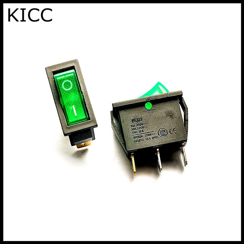 

10*28MM Rocker Switch Green With lamp 220V KCD3-102N 3Pin 2File Seesaw switch Power switch 5Pcs