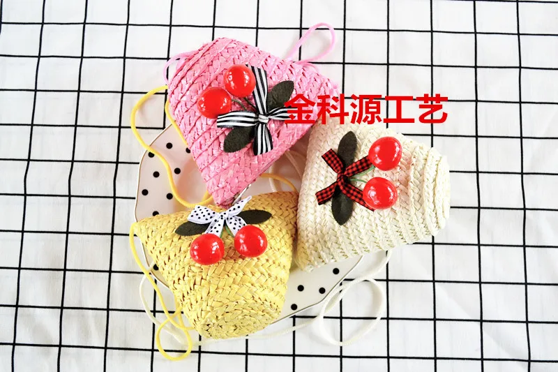 

12xCM 2017 New Children Cherry Fresh Plaid Straw bag Holiday Package A2808