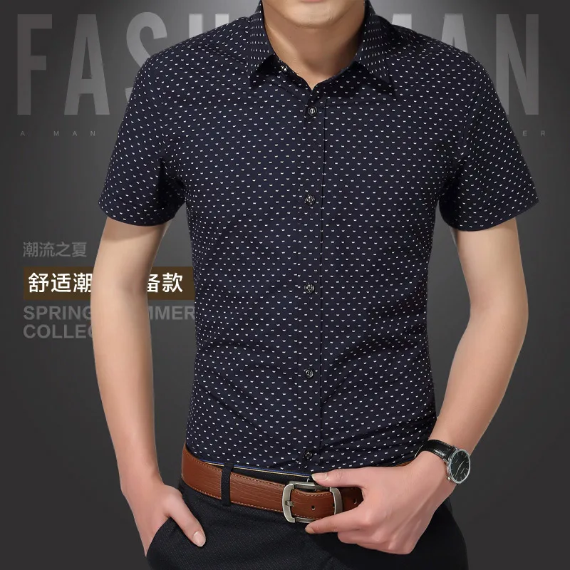 Хит летняя новая модная брендовая одежда мужская рубашка с коротким рукавом приталенная рубашка в горошек хлопок повседневные рубашки мужские M-5XL - Цвет: Dark Blue