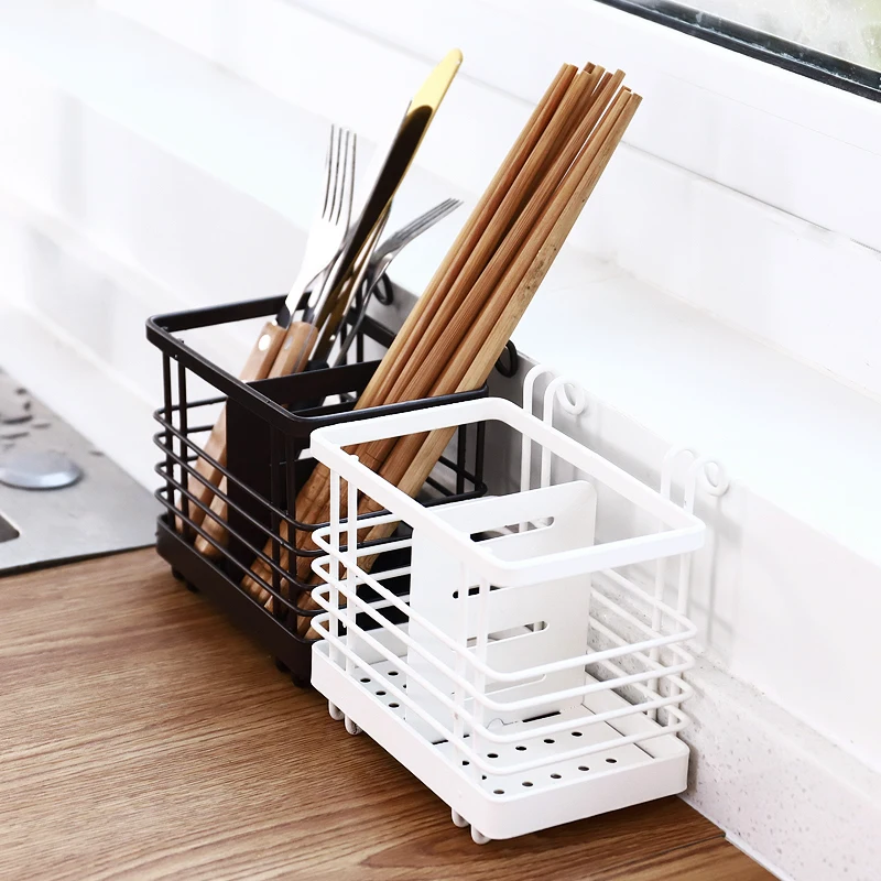 Black net hanging chopstick cages spoon holder forks rack Iron reinforced white kitchen storage shelf organizer drainer