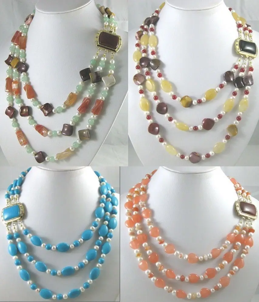 

HOT Sell* S3805 4 color-charm 3 row mixed pearl/jade/agate/stone necklace bless happiness clasp can choose aa