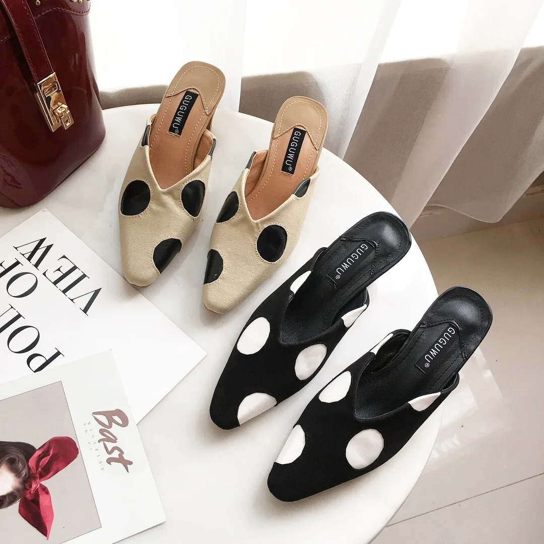 

Shoes Woman Polka Dot ClosedToe Mules Strange Heels Slippers Shallow Slip on Slides Mixed Color Sandalias Mujer Black Apricot