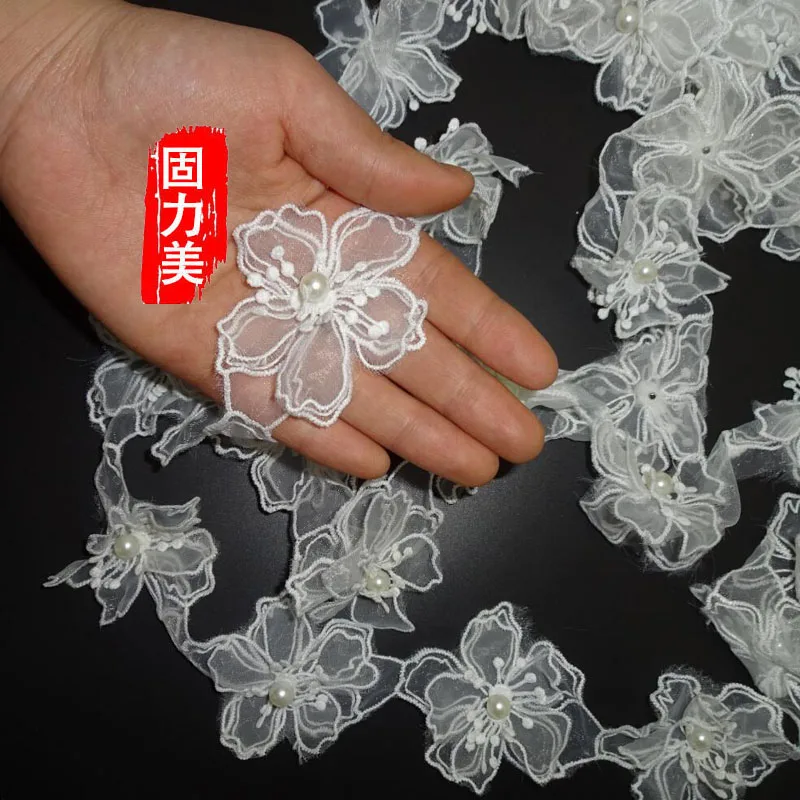 

5 yards milk white 3d flower ivory pearl beaded lace trim 6cm