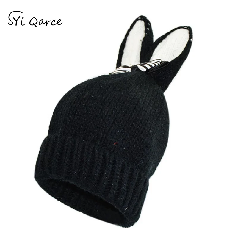 SYi Qarce, детские зимние вязаные шапки Skullies Beanies, шапка с милыми заячьими ушками для мальчиков и девочек 3-6 лет, милая шапка, NM476-82 - Цвет: Black