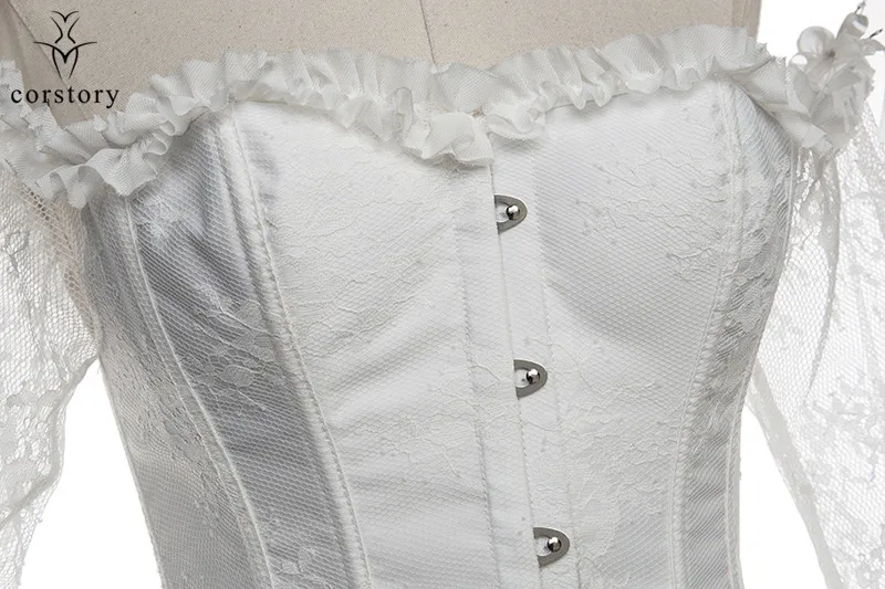 Викторианские сексуальные белые кружевные оборки с открытыми плечами и расклешенными длинными рукавами костюмы стимпанк готический Свадебный корсет и бюстье