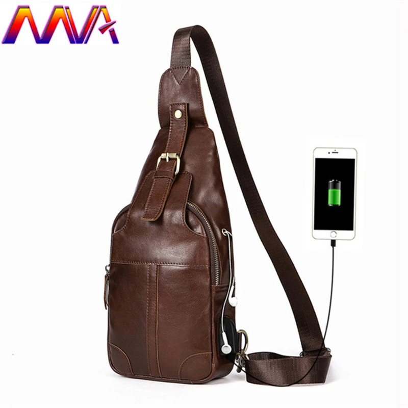 

MVA Hot sale USB men chest bag with 100% genuine leather men waist pack of phone recharge chest bag by cow leather men waist bag