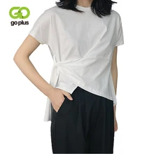 GOPLUS Black White Orange Female T-shirt Women 2019 Short Sleeve Irregular Lace Up Summer Tops Cotton T Shirts Casual Tees C7864 white t shirt with lace up details