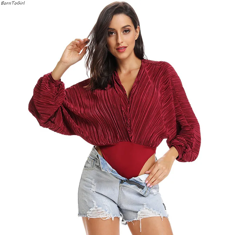 BornToGirl Women Autumn Sexy V Neck Bat Sleeve Loose Bodysuitin