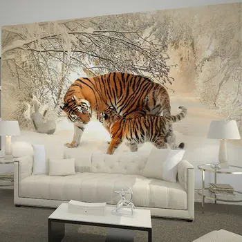 

Home Decor Wall Papers Tiger Snow Tree Forest Photo Wallpaper Murals 3D Living Room Bedroom Self Adhesive Vinyl / Silk Wallpaper