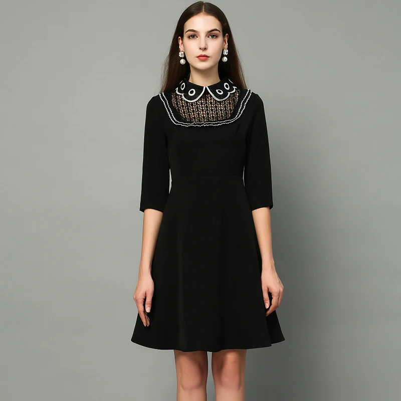 Autumn Pretty Black Dress Women High Quality Elegant Half Sleeve Turn-down Collar Hollow Out Slim Dress