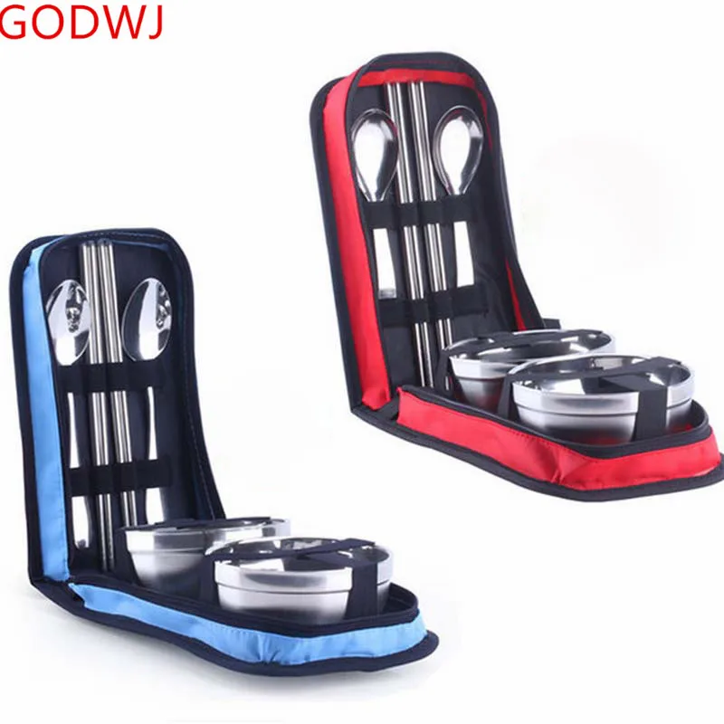 

GODWJ 6pcs Set Portable Polishing Stainless Steel Bowls Chopsticks Spoons Dinnerware Tableware Sets Lunch Accessories